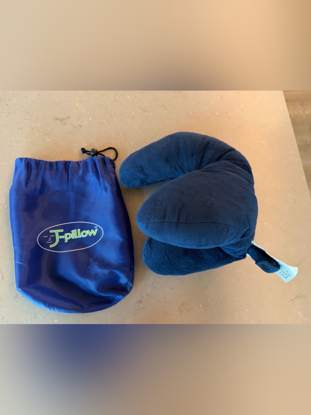 J-Pillow Travel Pillow Airplane Neck & Chin Support w/ Storage Bag EUC Navy Blue